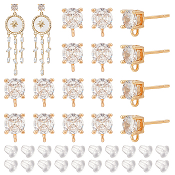 20Pcs Brass Stud Earring Findings, with Vertical Loops & Clear Cubic Zirconia, Triangle & Flat Round, with 40Pcs Plastic Ear Nuts, Real 18K Gold Plated, 7.5x5mm, Hole: 1.5mm, Pin: 0.7mm