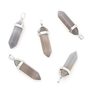 Natural Grey Agate Double Terminated Pointed Pendants, with Random Alloy Pendant Hexagon Bead Cap Bails, Bullet, Platinum, 37~40x12mm, Hole: 3mm