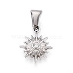 303 Stainless Steel Pendants, with Rhinestone, Sun Charms, Stainless Steel Color, 14.5x12x2.5mm, Hole: 6.5x2.8mm(STAS-Q110-02P)