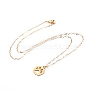 304 Stainless Steel Pendant Necklaces, with Brass Cable Chain and Lobster Claw Clasps, Flat Round with Dog Paw Prints, Golden, 17.52 inch(44.5cm)(NJEW-JN02540-04)