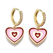 Brass Micro Pave Clear Cubic Zirconia Huggie Hoop Earrings, with Enamel, Nickel Free, Real 16K Gold Plated, Heart, Pink, 28x14.5mm, Pin: 1mm(EJEW-T014-18G-02-NF)