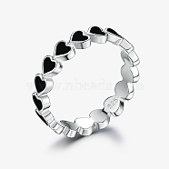 Platinum Rhodium Plated 925 Sterling Silver Heart Finger Rings, with Enamel, Black, Inner Diameter: 16mm(FL0127-1)