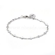 304 Stainless Steel Cross Link Anklets, with Lobster Claw Clasps, Flat Round with Cross, Stainless Steel Color, 8-7/8 inch(22.5cm)(AJEW-AN00255)