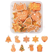 18Pcs 9 Styles Christmas Theme Opaque Resin Pendants, with Platinum Tone Iron Loops, Imitation Gingerbread, Mixed Shapes, Mixed Color, 24~32x18~26.5x3.5~4mm, Hole: 2mm, 2pcs/style(RESI-FS0001-40)