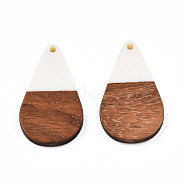 Opaque Resin & Walnut Wood Pendants, Teardrop Shape Charm, White, 38x22x3mm, Hole: 2mm(RESI-N025-030-B05)
