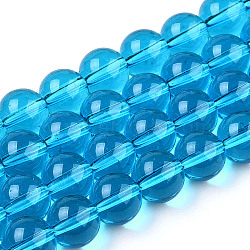 Transparent Glass Beads Strands, Round, Deep Sky Blue, 9.5~10mm, Hole: 1.5mm, about 40~42pcs/strand, 14.76~15.12 inch(37.5~38.4cm)(GLAA-T032-T10mm-06)