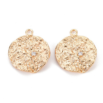 Brass Micro Pave Clear Cubic Zirconia Pendants, Nickel Free, Textured, Flat Round, Real 18K Gold Plated, 17x14.5x2mm, Hole: 1.5mm