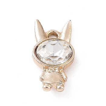 Alloy Rhinestone Pendants, Rabbit Charms, Light Gold, Crystal, 18x10.5x4mm, Hole: 2.2mm