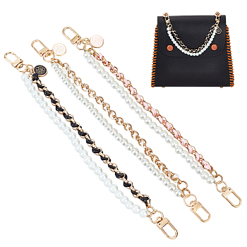 WADORN 3Pcs 3 Colors Imitation Leather & ABS Plastic Imitation Pearl Double Strand Bag Handles, with Alloy Chain & Swivel Clasps, Enamel Flower Charm, Mixed Color, 25.9x1.6cm, 1pc/color