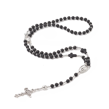 Natural Lava Rock & Synthetic Turquoise Rosary Bead Necklace, Alloy Virgin Mary & Cross Pendant Necklace for Women, Antique Silver, 27.32 inch(69.4cm)