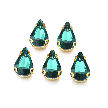 Sew on Rhinestone, Transparent Glass Rhinestones, with Iron Prong Settings, Faceted, Teardrop, Emerald, 12.5x8x5.5mm, Hole: 1mm