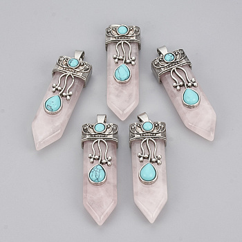 Natural Rose Quartz Pendants, with Alloy Findings, Sword, Antique Silver, 49~55x16x10~11mm, Hole: 6.5x3mm