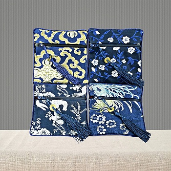 Double-layer Zipper Cloth Bag, Chinese Style Jewelry Storage Bag for Jewelry Accessories, Random Pattern, Blue, 11.5x11.5cm
