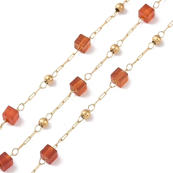 Natural Red Agate Square Beaded Chains, with Golden 304 Stainless Steel Findings, Unwelded, 2~3x2~2.5x2~2.5mm