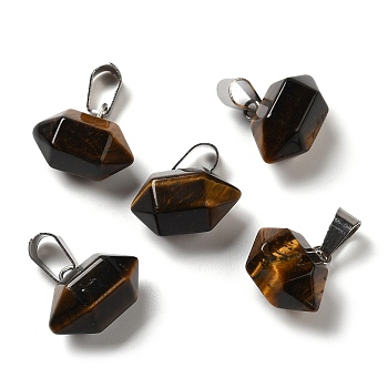 Natural Tiger Eye Pointed Pendants, Faceted Bullet Charms, with Platinum Tone Iron Snap on Bails, 12.5~13x15.5~17x9~10mm, Hole: 7x3.5mm
