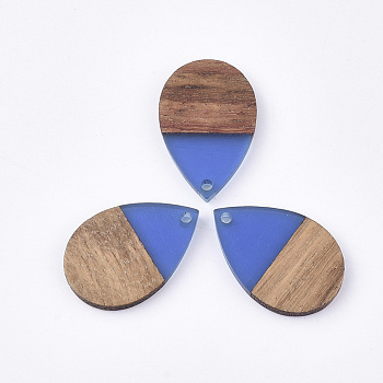 Resin & Walnut Wood Pendants, Teardrop, Royal Blue, 28x19x3.5mm, Hole: 2mm