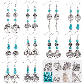 DIY Tree of Life Long Dangle Earring Making Kits, Including Synthetic Turquoise Beads, Alloy Pendants & Link Connectors, Brass Earring Hooks, Antique Silver & Platinum, 162Pcs/box