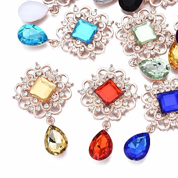 Alloy Cabochons,with Rhinestone, Cadmium Free & Lead Free, Faceted, Rhombus, Rose Gold, Mixed Color, 57x35x7mm
