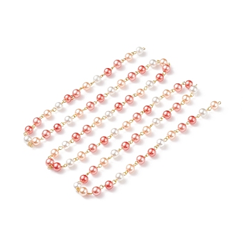 Handmade Glass Pearl Beaded Chain, with Gold Plated Iron Eye Pin, Unwelded, Light Salmon, 14x8mm, about 3.28 Feet(1m)/pc
