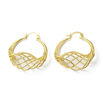 Rack Plating Brass Wire Wrap Mesh Hoo Earrings, Lead Free & Cadmium Free, Real 18K Gold Plated, 35~36x33~34x14~16mm, Pin: 1x0.6mm