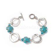 Synthetic Turquoise(Dyed) Turtle Link Bracelets, with Tibetan Style Alloy Irregular Ring & 304 Stainless Steel Toggle Clasps, Turquoise(Dyed), 7-5/8 inch(19.5cm)(BJEW-JB09195-01)