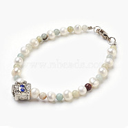 Natural Flower Amazonite Bead Bracelets, with Natural Pearl and Alloy Rhinestone Findings, Butterfly, 7-1/2 inch(19cm)(BJEW-JB03858-03)