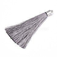 Fiber Tassel Big Pendant Decorations, with Platinum Plated Brass Finding, Gray, 70~73x7~25mm, Hole: 1.8mm(FIND-R085-003)