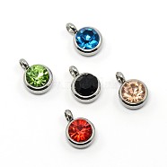Trendy Original Color 304 Stainless Steel Grade A Rhinestone Flat Round Charm Pendants, Faceted, Stainless Steel Color, Mixed Color, 9x6.5x4mm, Hole: 2mm(X-RB-M030-06)