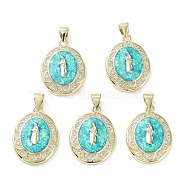 Rack Plating Brass Micro Pave Clear Cubic Zirconia Pendants, with Synthetic Opal, Cadmium Free & Lead Free, Long-Lasting Plated, Real 18K Gold Plated, Flat Round, Oval, 22.5x17x4mm, Hole: 5x3.5mm(KK-C041-06I-G)
