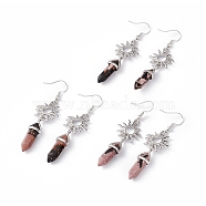 Natural Rhodonite Bullet with Sun Dangle Earrings, Platinum Brass Long Drop Earrings for Women, 60mm, Pin: 0.6mm(EJEW-I276-01P-02)