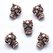 Brass Beads, with Clear Cubic Zirconia, Cadmium Free & Nickel Free & Lead Free, Skull, Red Copper, 11x8x9mm, Hole: 2mm(KK-J279-56R-NR)