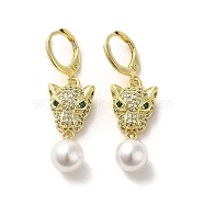 Leopard Head Real 18K Gold Plated Brass Micro Pave Cubic Zirconia Dangle Leverback Earrings, ABS Imitation Pearl Drop Earrings, Green, 38~39.5x11.5mm(EJEW-Q797-14B)