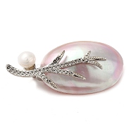 Oval Natural Dyed White Shell Brooches for Women, with Brass Pin & Pearl, Lavender Blush, 24~24.5x49.5~57x14~18.5mm(JEWB-E031-04P-02)