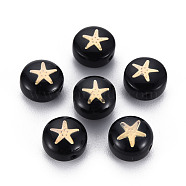 Handmade Lampwork Beads, with Golden Plated Brass Etched Metal Embellishments, Flat Round with Star, Black, 8x5~6mm, Hole: 0.8mm(LAMP-S196-003)