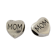 Mother's Day Tibetan Style Zinc Alloy European Beads, Heart with Word Mom, Lead Free & Cadmium Free, Antique Silver, 10.5x10.5x6.5mm, Hole: 4.8mm(X-MPDL-R038-048AS-RS)
