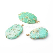 Natural Chrysoprase Pendants, with Real 18K Gold Plated Eco-Friendly Copper Wire, Oval, 44.5~51x27~28x7~8mm, Hole: 3mm(PALLOY-JF00871)