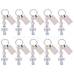 Wood & Alloy Enamel Pendants Baptism Keychin, with Glass Pearl & Iron Split Key Rings Finding, Cross, Platinum, 85mm, 10pcs/set(KEYC-CA00006)