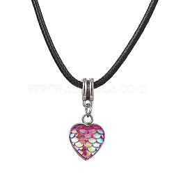 Heart with Fish Scale Shape 304 Stainless Steel with Resin Pendant Necklaces, with Imitation Leather Cords, Hot Pink, 17.52 inch(44.5cm)(NJEW-JN04571-02)