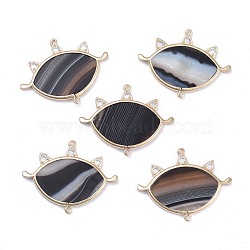 Natural Black Agate Links Connectors, with Brass Micro Pave Cubic Zirconia Findings, Eye, Light Gold, 31.5x41~41.5x2.5mm, Hole: 1.4mm(G-M356-D01-LG)