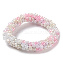 Crochet Glass Beads Braided Stretch Bracelet, Nepel Boho Style Bracelet, Pink, Inner Diameter: 1-3/4 inch(4.5cm)(BJEW-K232-01P)