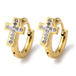 Crystal Rhinestone Cross Hoop Earrings, Vacuum Plating 202 Stainless Steel Earrings with 304 Stainless Steel Pins for Women, Golden, 14x17x2.5mm, Pin: 1mm(EJEW-A094-04G)