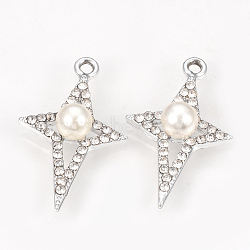 Alloy Rhinestone Pendants, with ABS Plastic Imitation Pearl Beads, Star, Platinum, 30x18x7mm, Hole: 2mm(X-PALLOY-T027-46P)