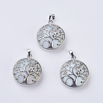 Opalite Pendants, with Brass Findings, Flat Round with Tree of Life, Platinum, 31~32x27x8~9mm, Hole: 5x7mm