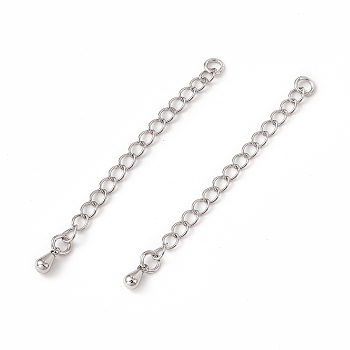Brass Curb Chain Extender, End Chains with Tiny Teardrop Charms, Platinum, 53x3mm, Hole: 2.5mm