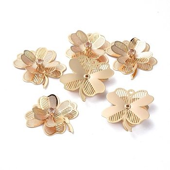 3D Brass Pendants, with Rhinestone, Clover, Real 18K Gold Plated, 24.3x24.3x4.5mm, Hole: 1.5mm