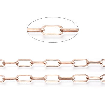 Ion Plating(IP) 304 Stainless Steel Paperclip Chains, Unwelded, with Spool, Flat Oval, Rose Gold, 13.5x6x1.5mm, about 32.8 Feet(10m)/roll