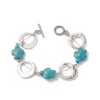 Synthetic Turquoise(Dyed) Turtle Link Bracelets, with Tibetan Style Alloy Irregular Ring & 304 Stainless Steel Toggle Clasps, Turquoise(Dyed), 7-5/8 inch(19.5cm)