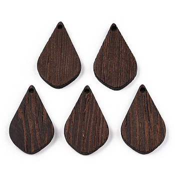 Natural Wenge Wood Pendants, Undyed, Teardrop Charms, Coconut Brown, 28x18x3.5mm, Hole: 1.8mm