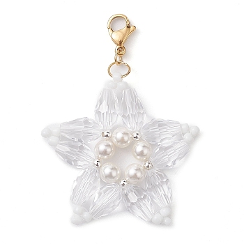 Christmas Snowflake Shell Pearl & Glass Pendant Decorations, Lobster Claw Clasps Charm for Bag Key Chain Ornaments, Golden, 64mm