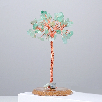 Natural Green Aventurine Chips Tree of Life Decorations, Natural Agate with Copper Wire Feng Shui Energy Stone Gift for Home Office Desktop Decoration, 110~120mm
